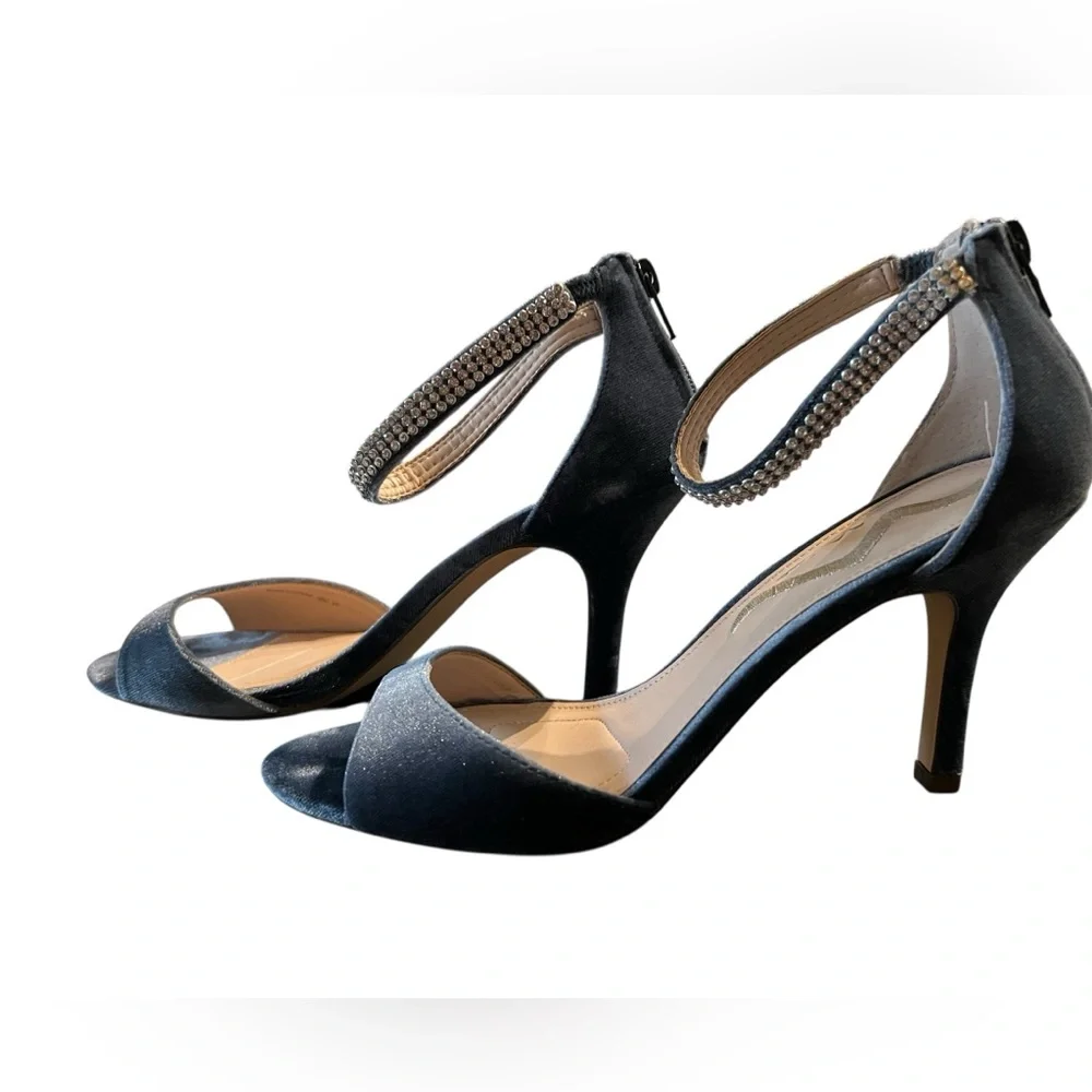 Nina Blue Velvet Embellished Ankle Strap Sandals Size 8